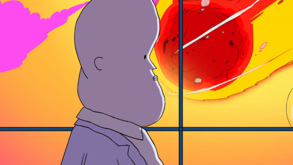 Obraz przedstawia kadr z filmu konkursowego. Na pierwszym planie rysowana postać, z dużą głową, w garniturze, cały w kolorze fioletowym, w tle za oknem czerwona kula, wyglądająca jak meteoryt.